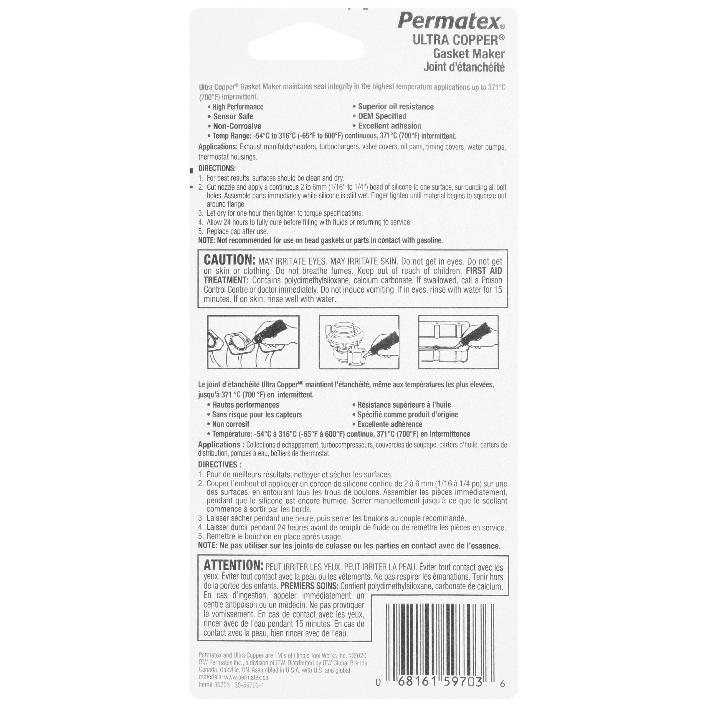 Permatex® 59703 Ultra Copper High Temperature Gasket Maker 101BR, 80-mL