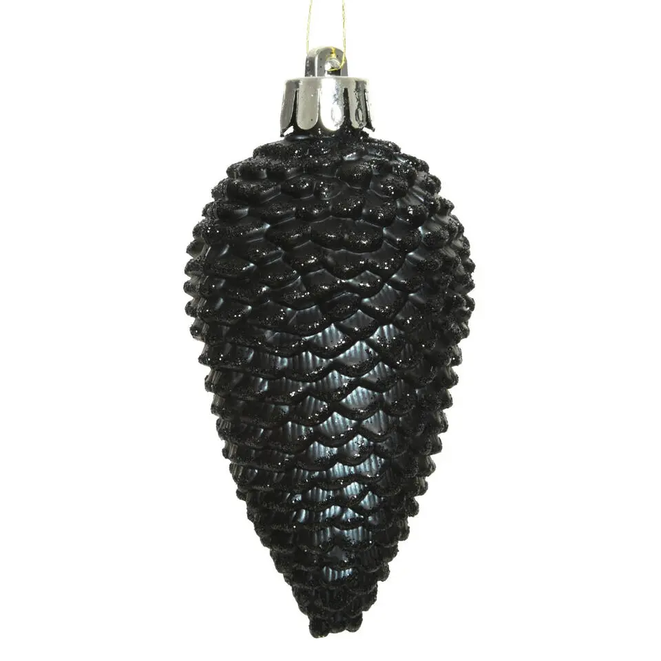 Decoris Kersthangers dennenappels - 6x - zwart - glitter - 8 cm