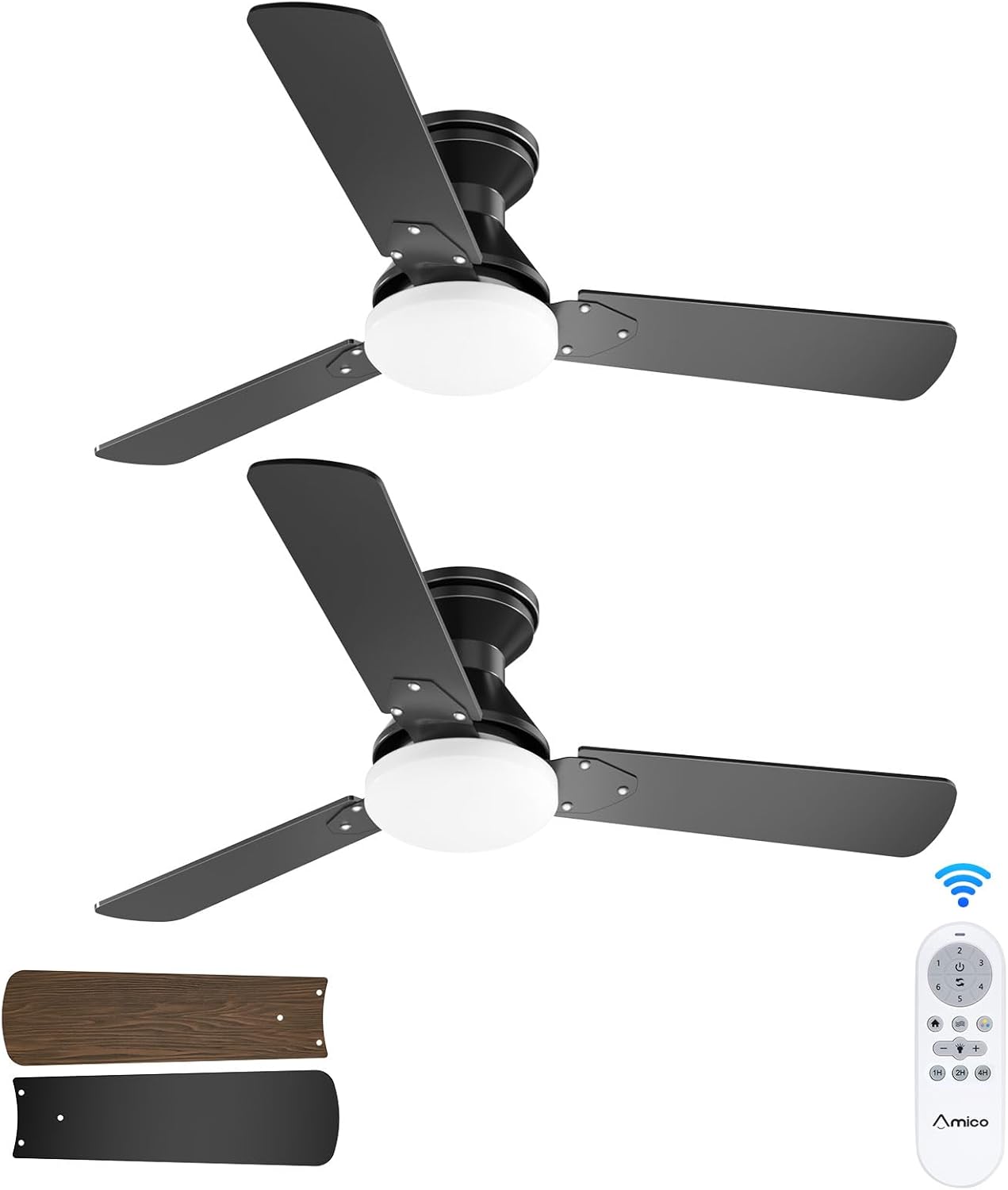 Amico 2 Pack Ceiling Fans with Lights, 42 inch Low Profile Ceiling fan with Light and Remote Control, Flush Mount, Reversible, 3CCT, Dimmable, Noiseless, Black Ceiling Fan for Bedroom, Indoor/Outdoor