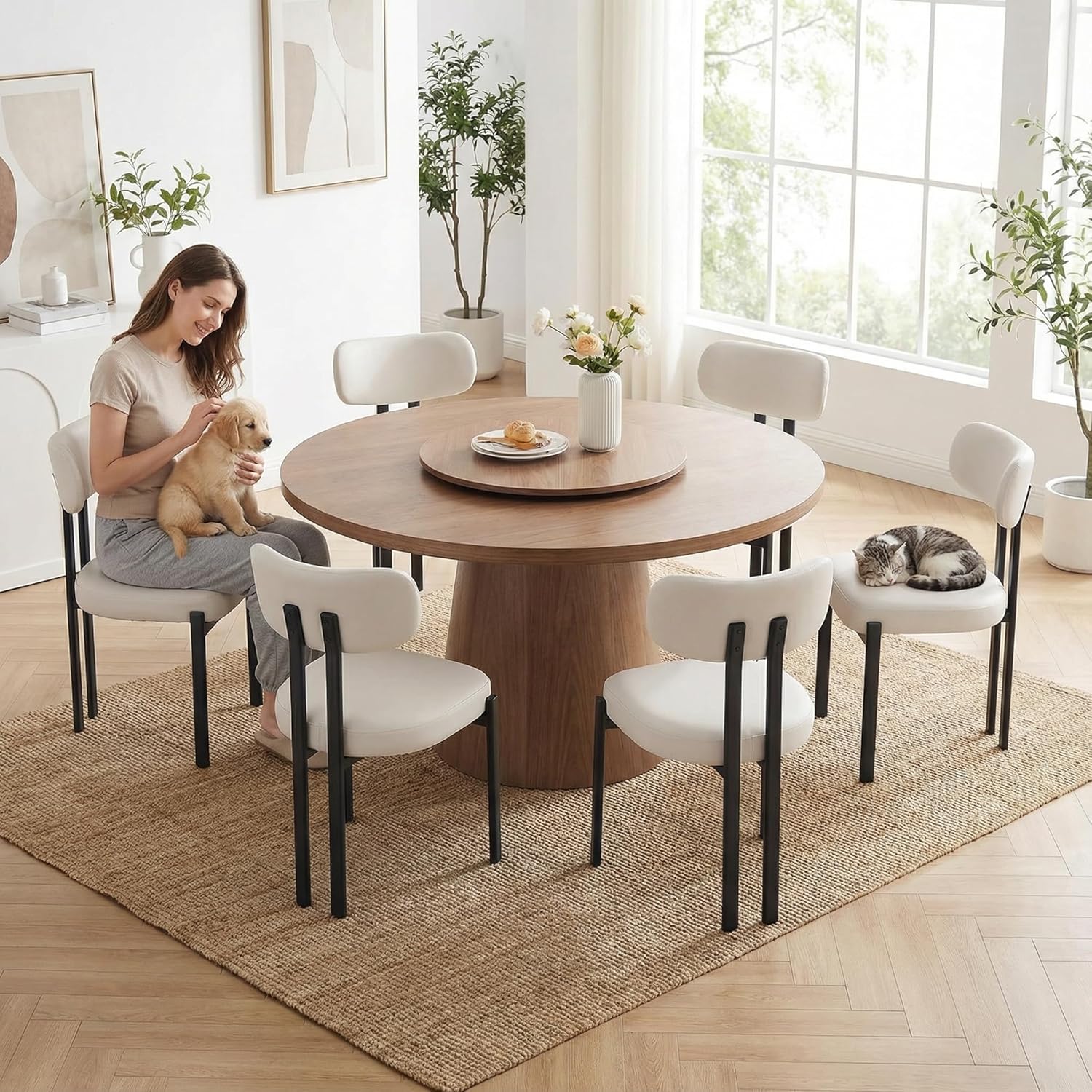 LukeAlon Faux Leather Dining Chairs Set of 6, Modern Curved Back Armless Kitchen Chairs with Black Metal Legs Upholstered Dining Room Chairs Reception Guests Chair for Restaurant Office, White