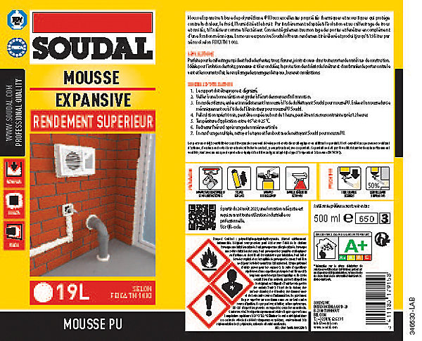 Mousse expansive Soudal jaune rendement supérieur 500ml