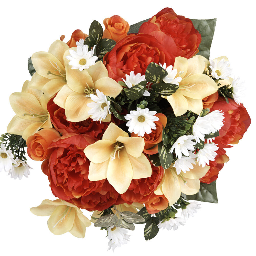 Piquet de rose lys pivoine paquerette jaune fleur artificielle H43cm