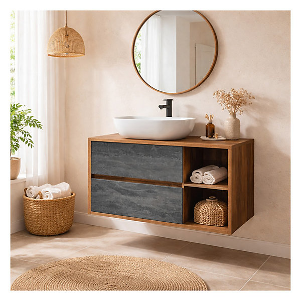 Ensemble de salle de bain GABI : meuble sous vasque 100cm et vasque à poser blanche rectangulaire arrondie