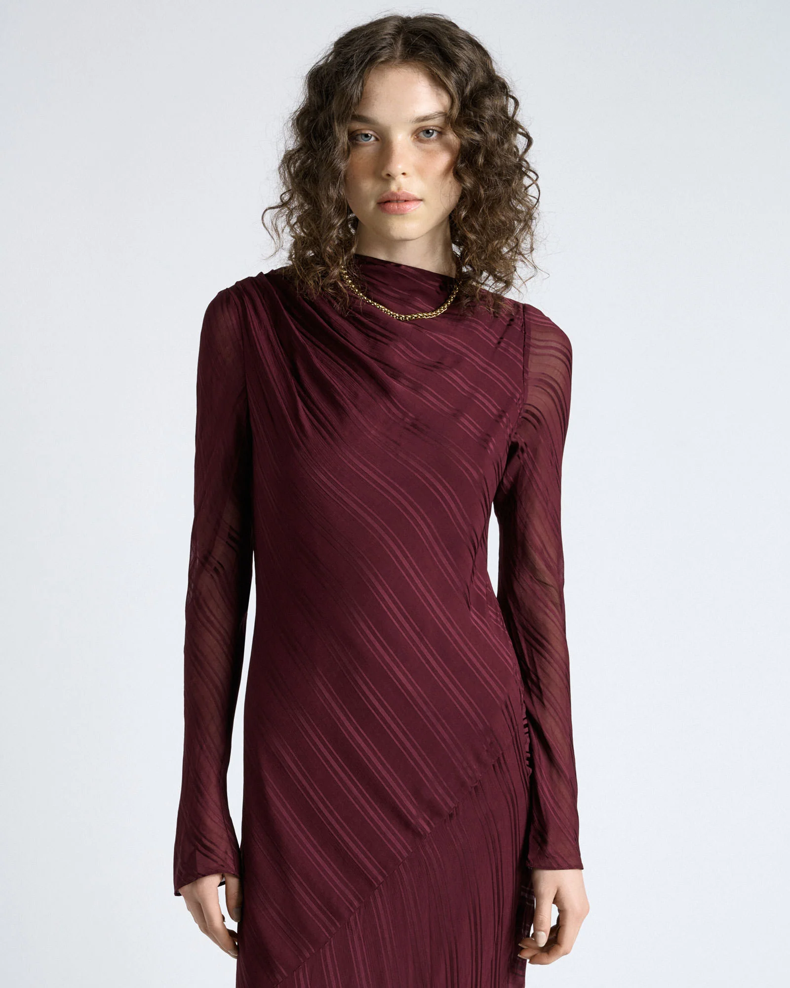 Plum Self Stripe Gathered Midi Dress