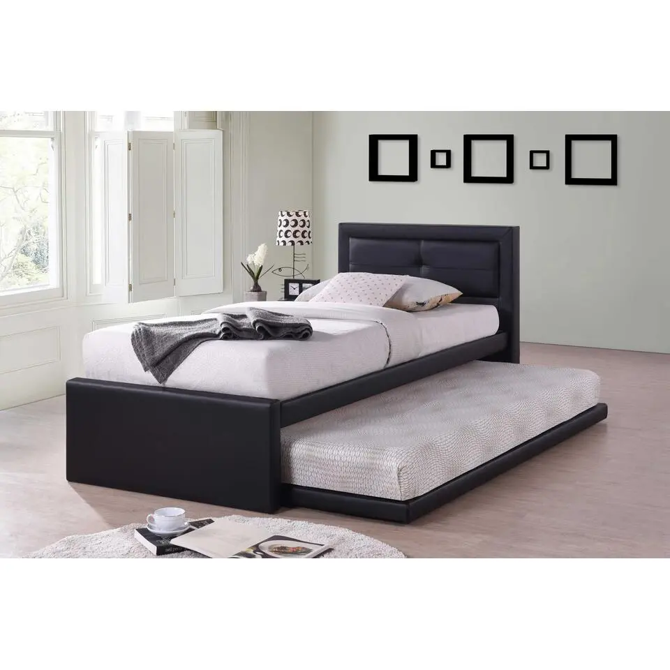 Bed met onderschuifbed Rodan kunstleer - zwart