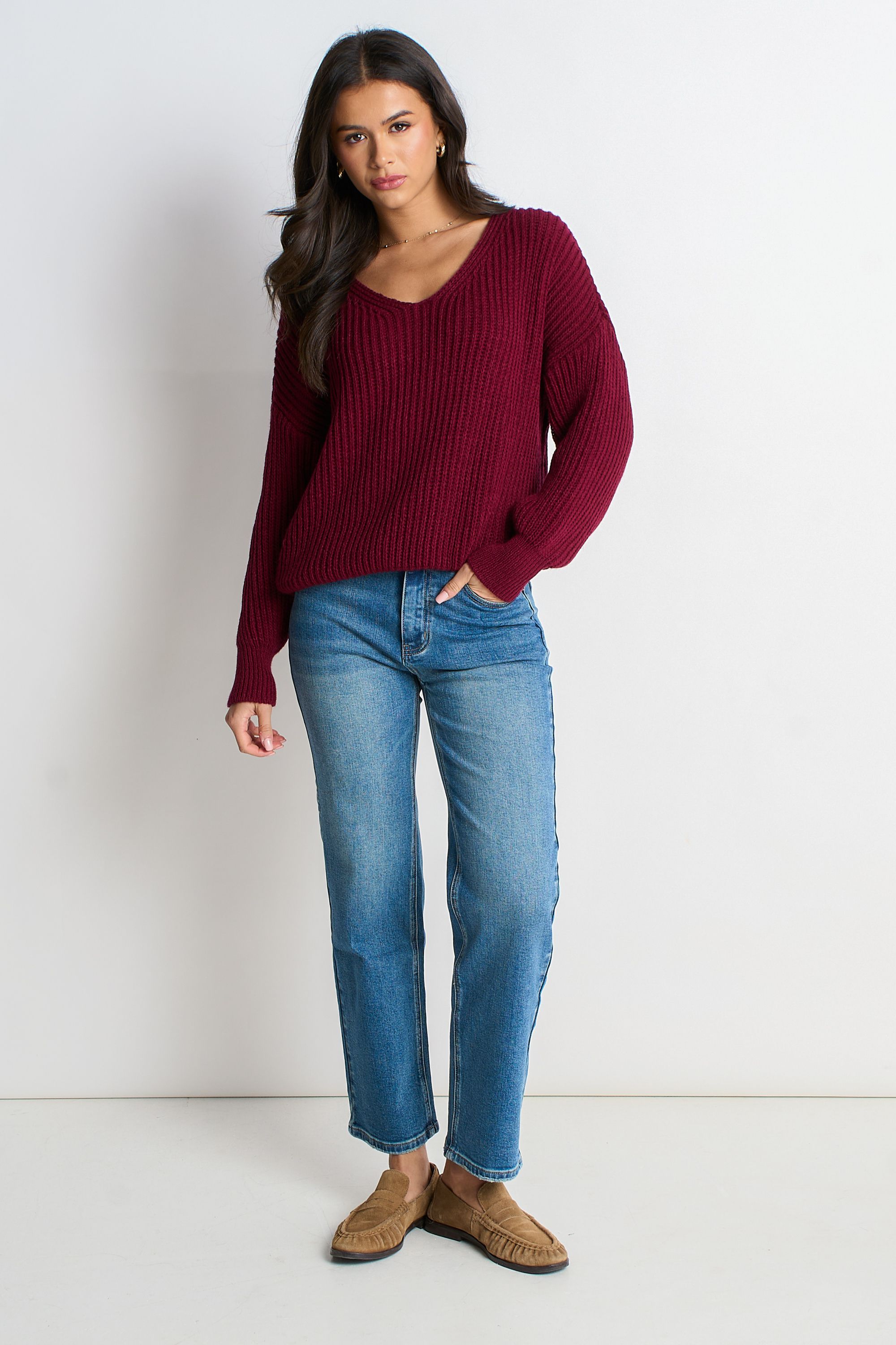 Gini London Burgundy Chunky Knit Oversized Jumper