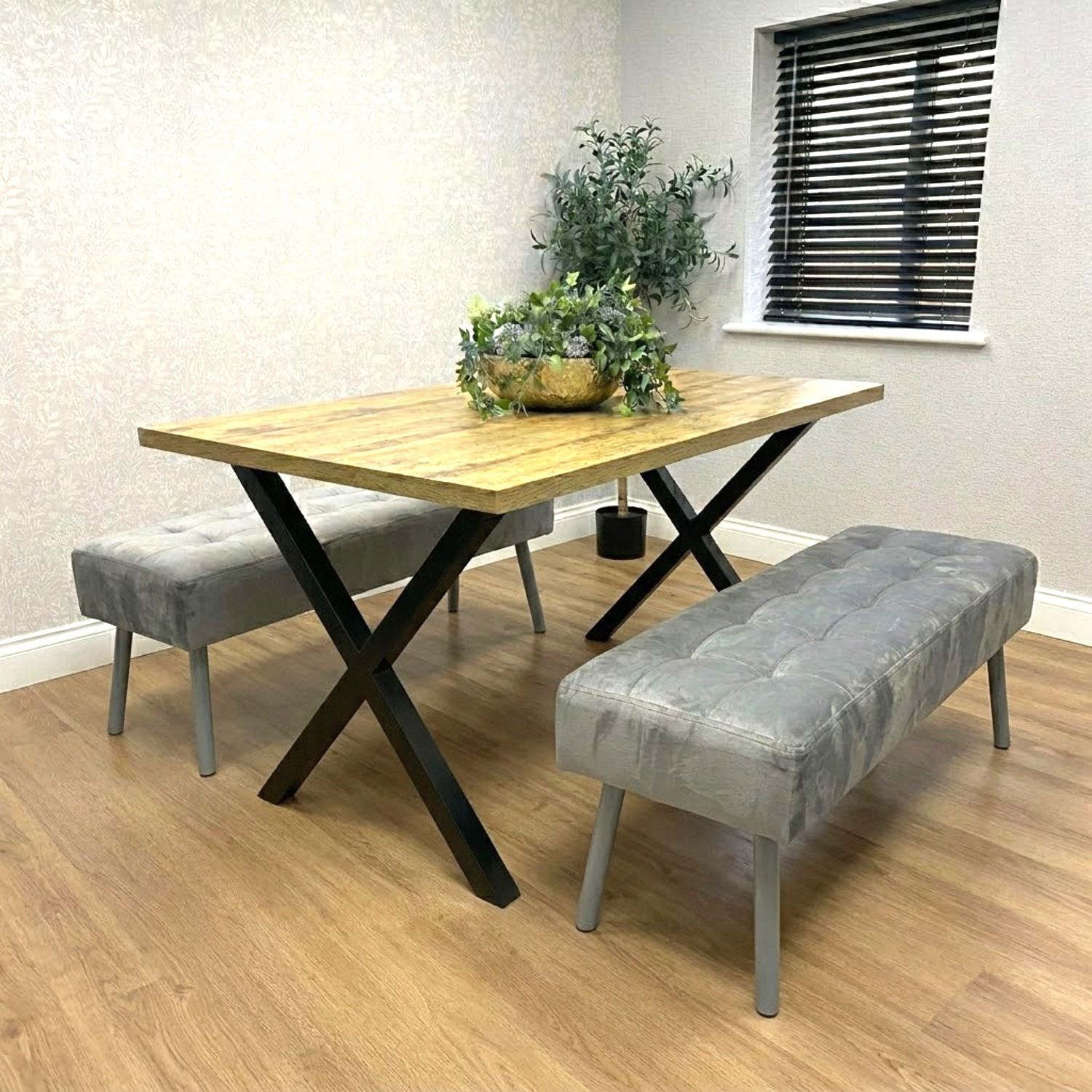 KOSY KOALA Wooden Dining Table with 2 Grey Velvet Padded Benches, Stylish Dining Room Furniture