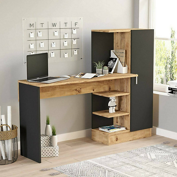 Bureau Ancha, Pupitre polyvalent, Table de bureau pour PC, Plan de travail, 152x40h120 cm, Chêne et Noir