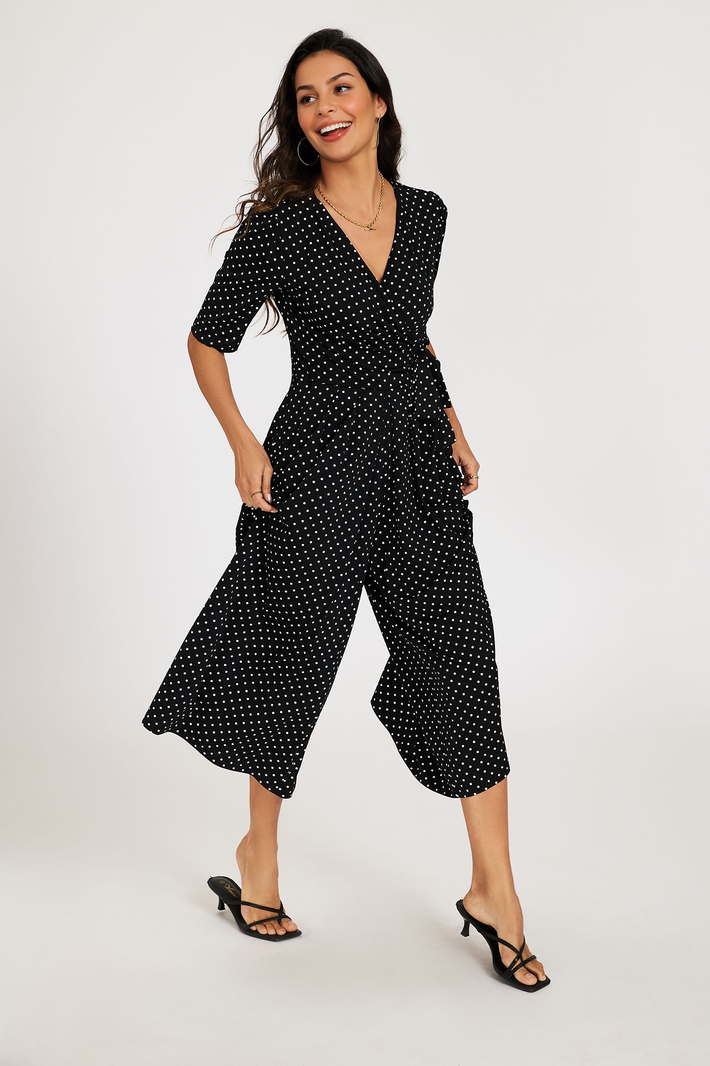 FS Collection Polka Dot Wrap Culotte Jumpsuit with Tie Waist