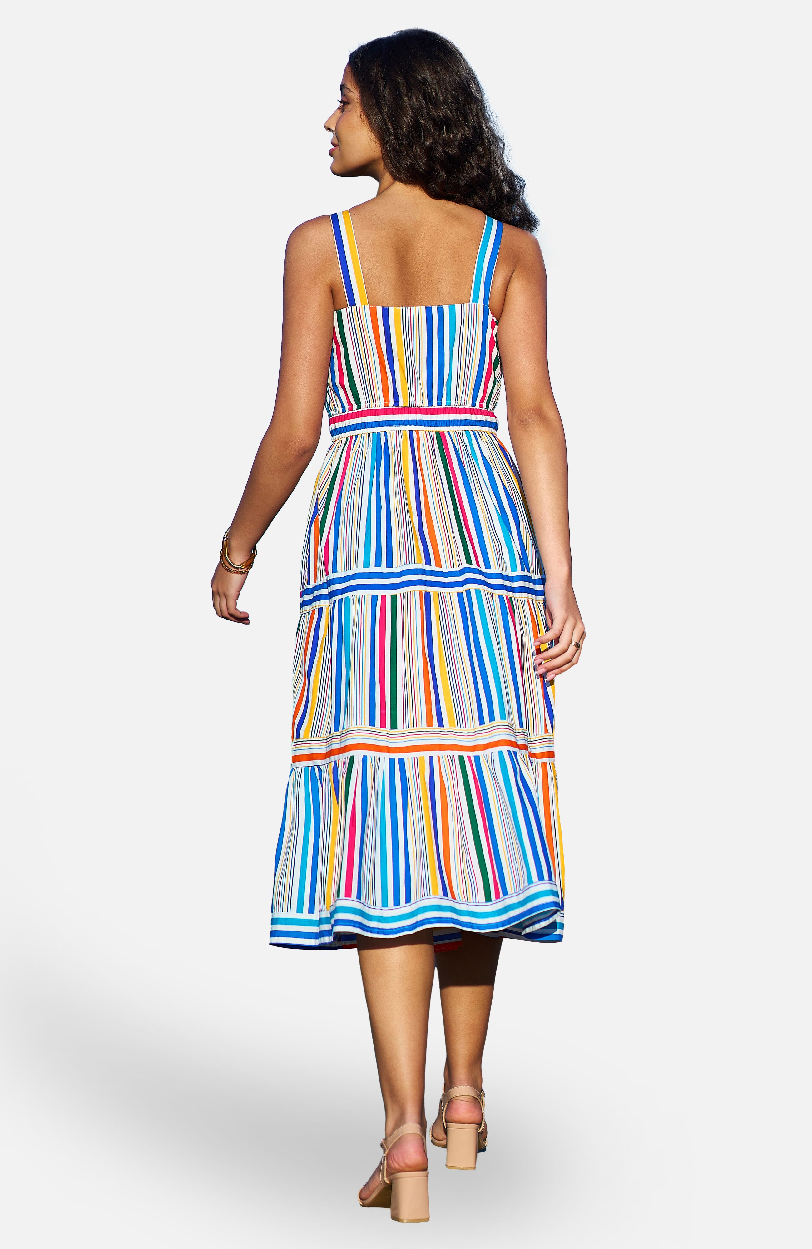 Yumi Multicolour Stripe Cotton Midi Sun Dress