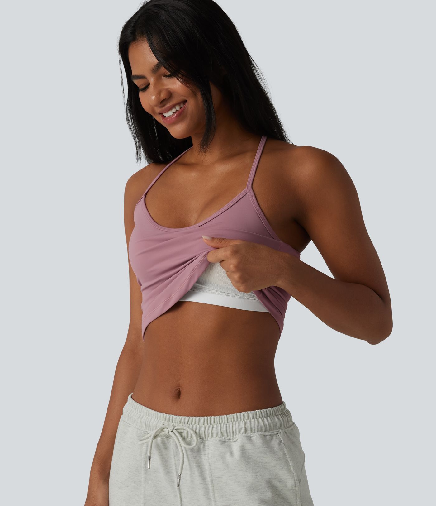 Débardeur décontracté col U dos en Y à effet frais InstantCool, ourlet arrondi et brassière intégrée à séchage rapide, protection solaire UPF50