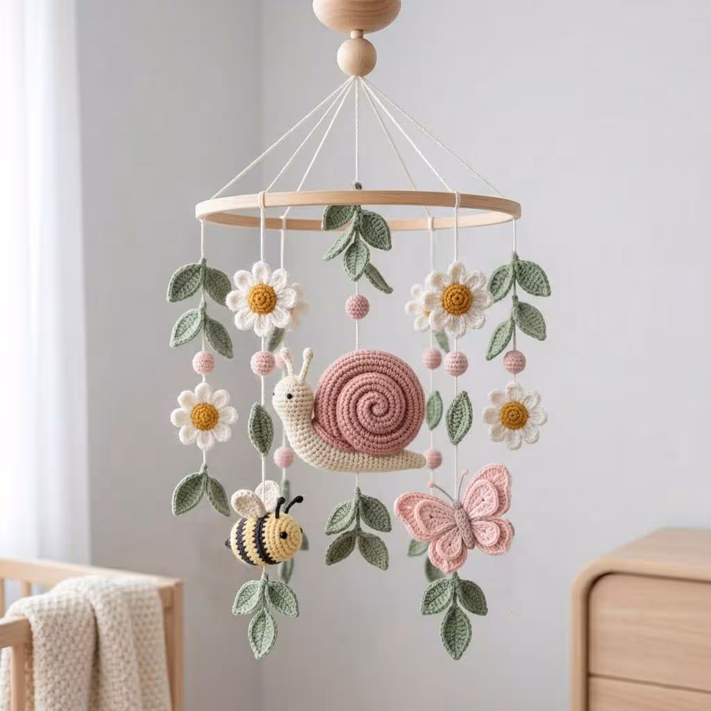 Garden Nursery Mobile, Crochet Bee Butterfly Crib Decor, Spring Meadow Baby Shower Gift, Snail Bird Ladybug Baby Mobile for Nursery Decor