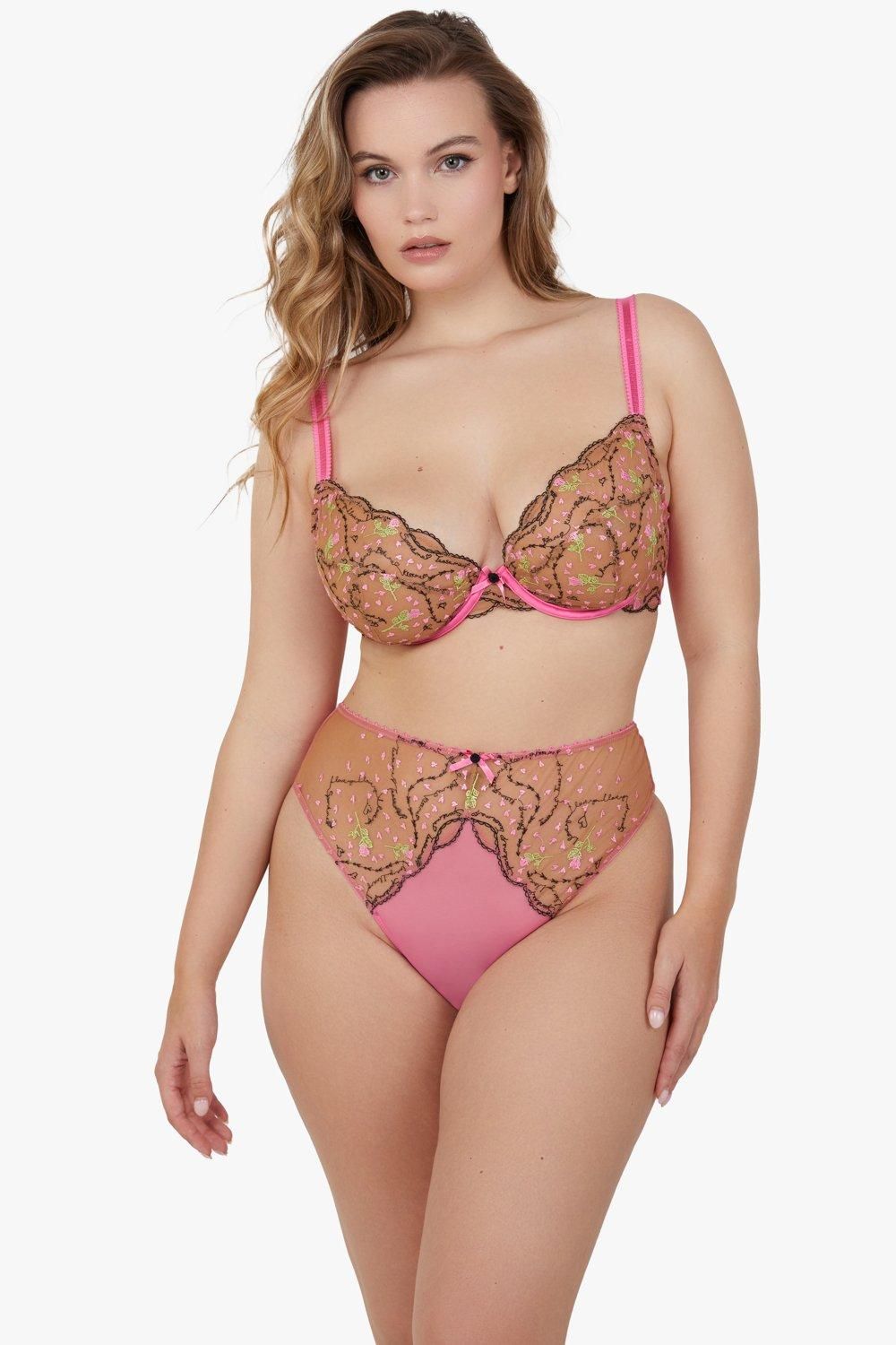 Playful Promises Spank Me Pink and Nude Custom Embroidery Plunge Bra