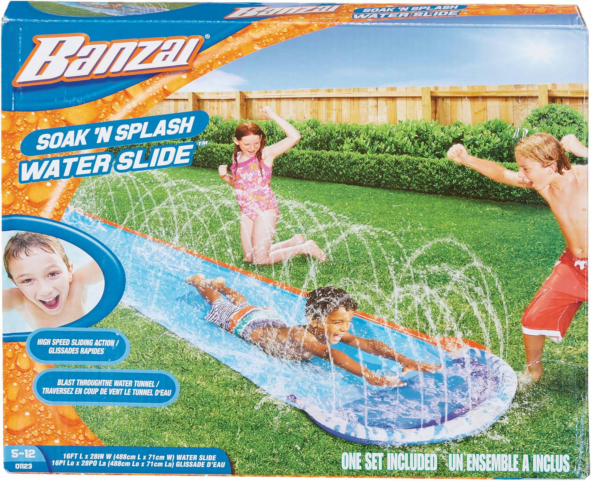 Banzai Inflatable Soak N' Splash Slip & Slide w/ Sprinkler Kids' Water Toy, Age 5+, 16-Ft