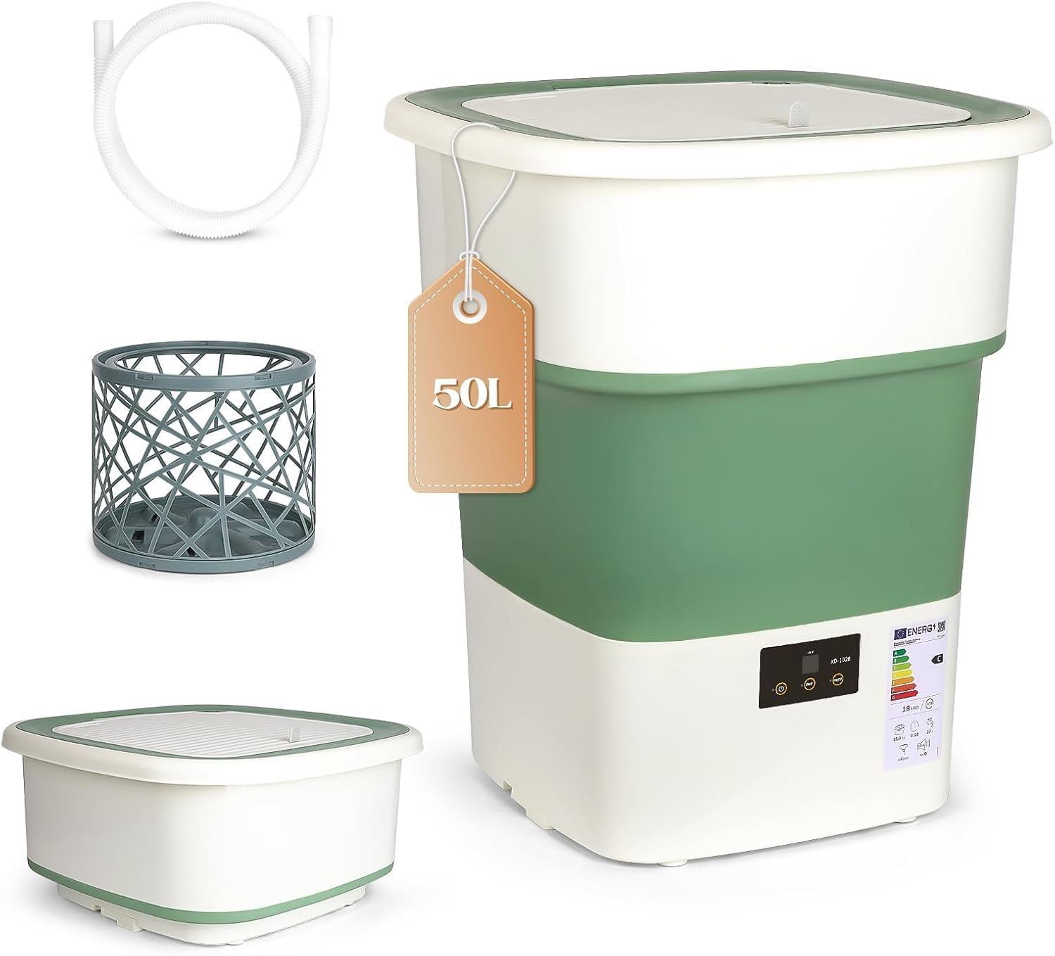 Portable Washing Machine, 1.8 Cu.Ft Large Capacity Foldable Washer with Spin Basket & 150W Motor, Timer Control for Apartment, RV, Camping & Travel – No Laundry Room Needed (White Green)