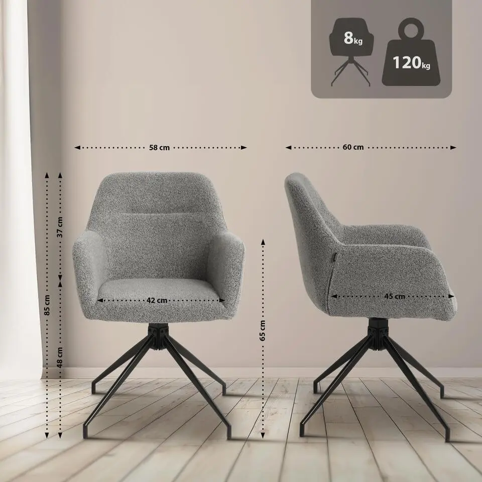 CLP Eetkamerstoel Merlinda zwart Frame - Stof - grijs