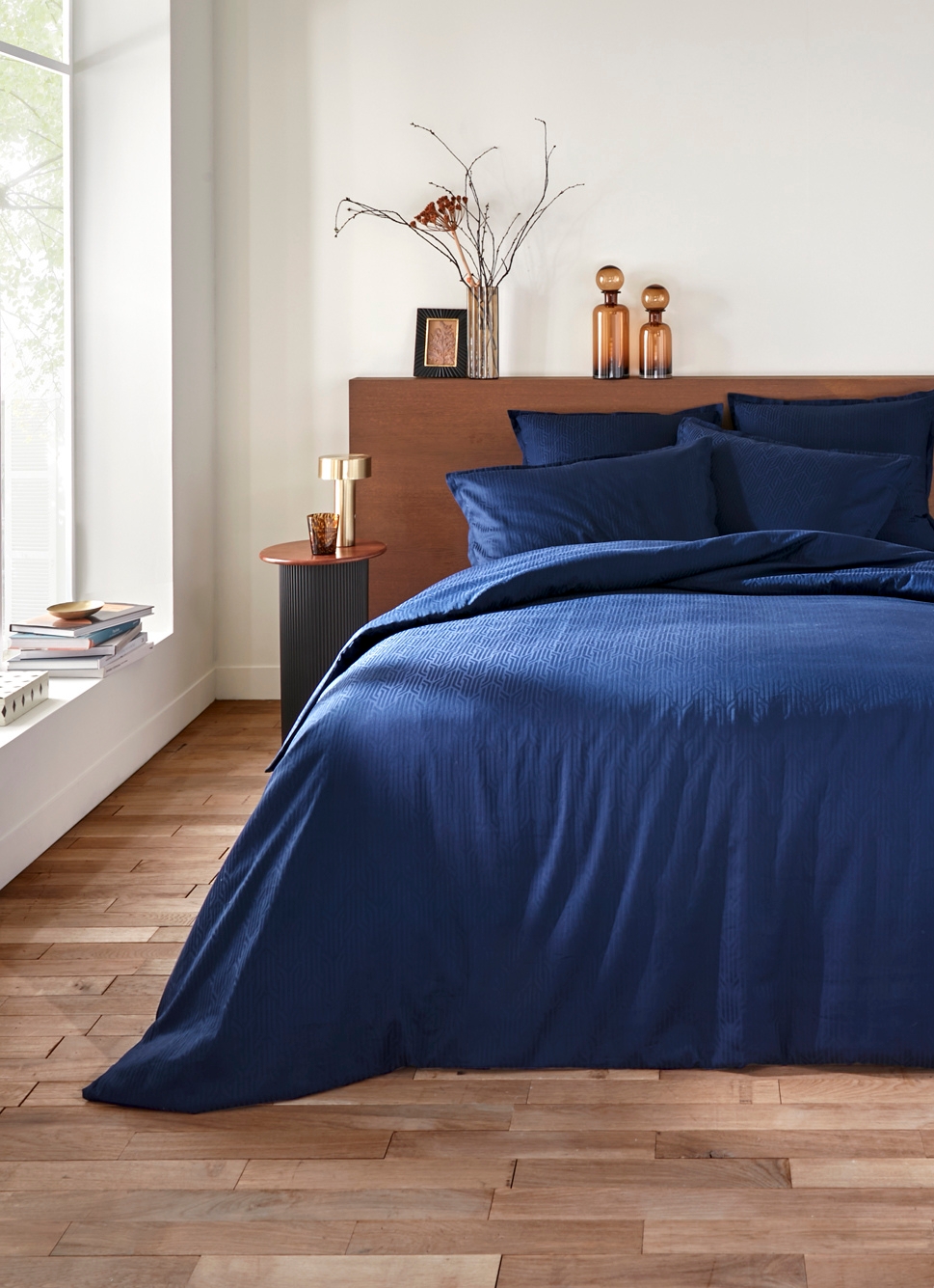 HOUSSE DE COUETTE JACQUARD MOTIF GÉOMÉTRIQUE BLEU NUIT