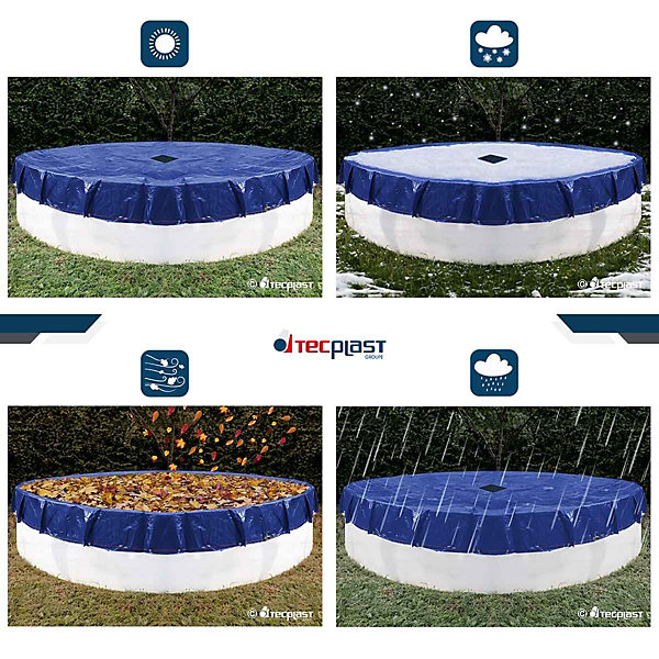 Bâche Piscine ronde diam. 3,60 m pour Piscine hors sol diam. 3m - TECPLAST - PO155RD - Couverture Piscine avec Filet d'écoulement