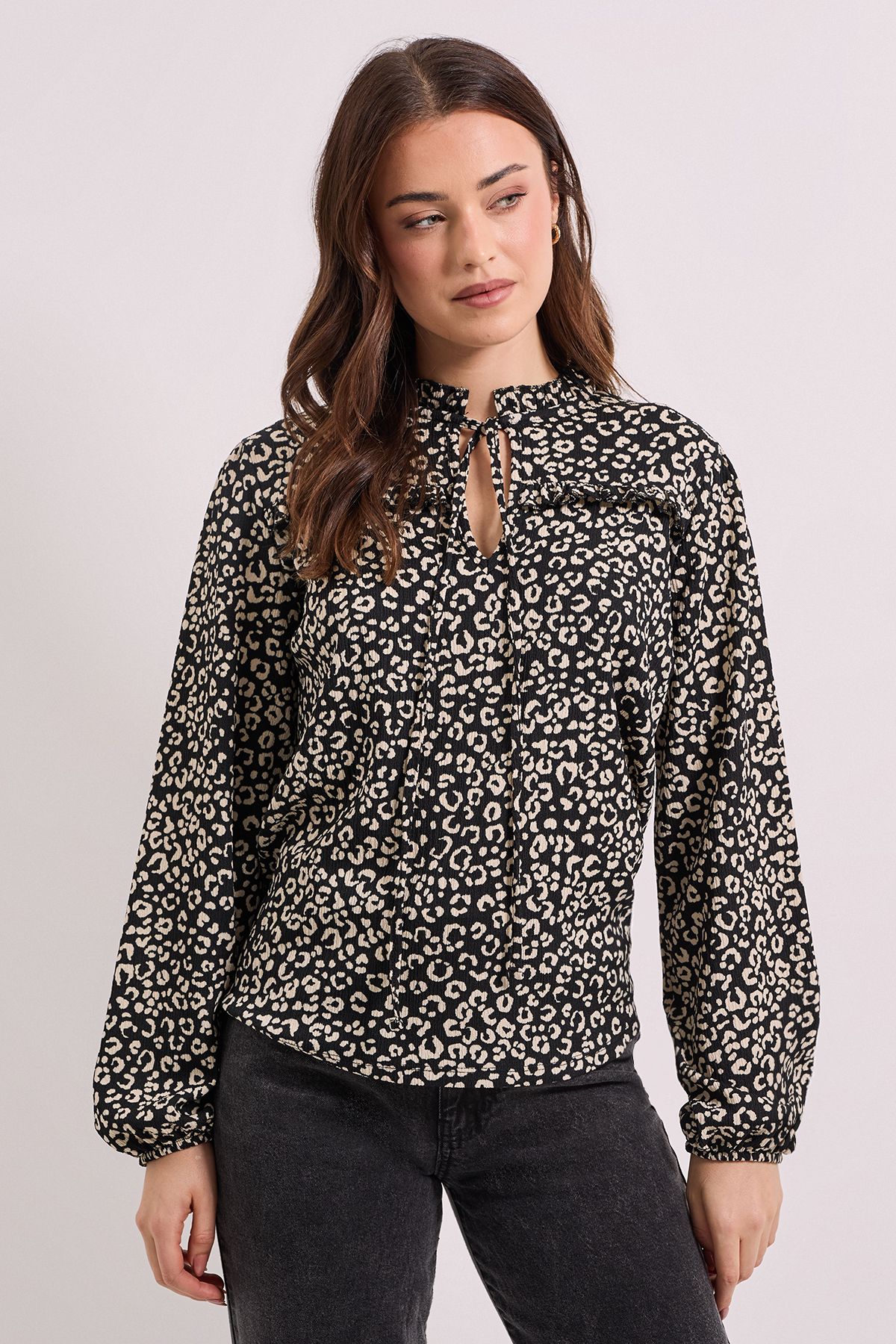 Dorothy Perkins Mono Animal Tie Neck Detail Blouson Sleeve Jersey Top