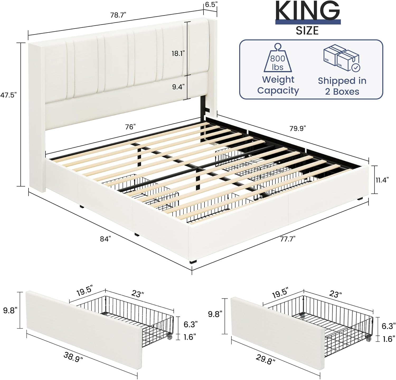 King Size Bed Frame with 4 Storage Drawers Linen Upholstered Platform Bed with Wingback Headboard, No Box Spring Needed, Easy Assembly, White