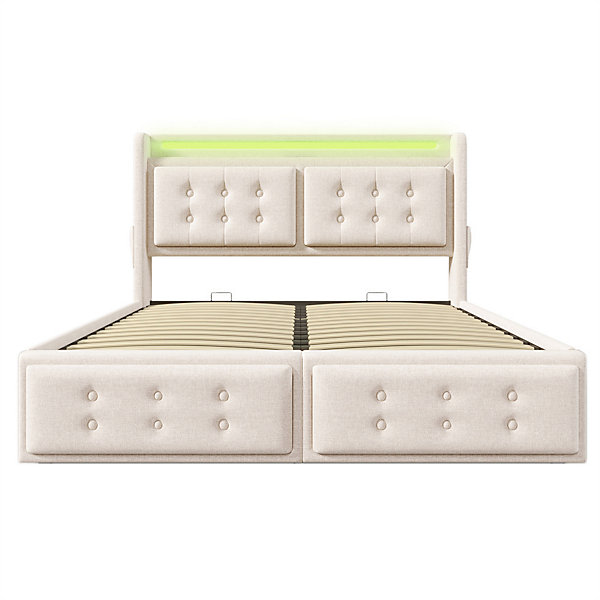 Lit adulte lit 160x200 cm lit rembourré hydraulique avec sommier en bois lit double coton lin beige
