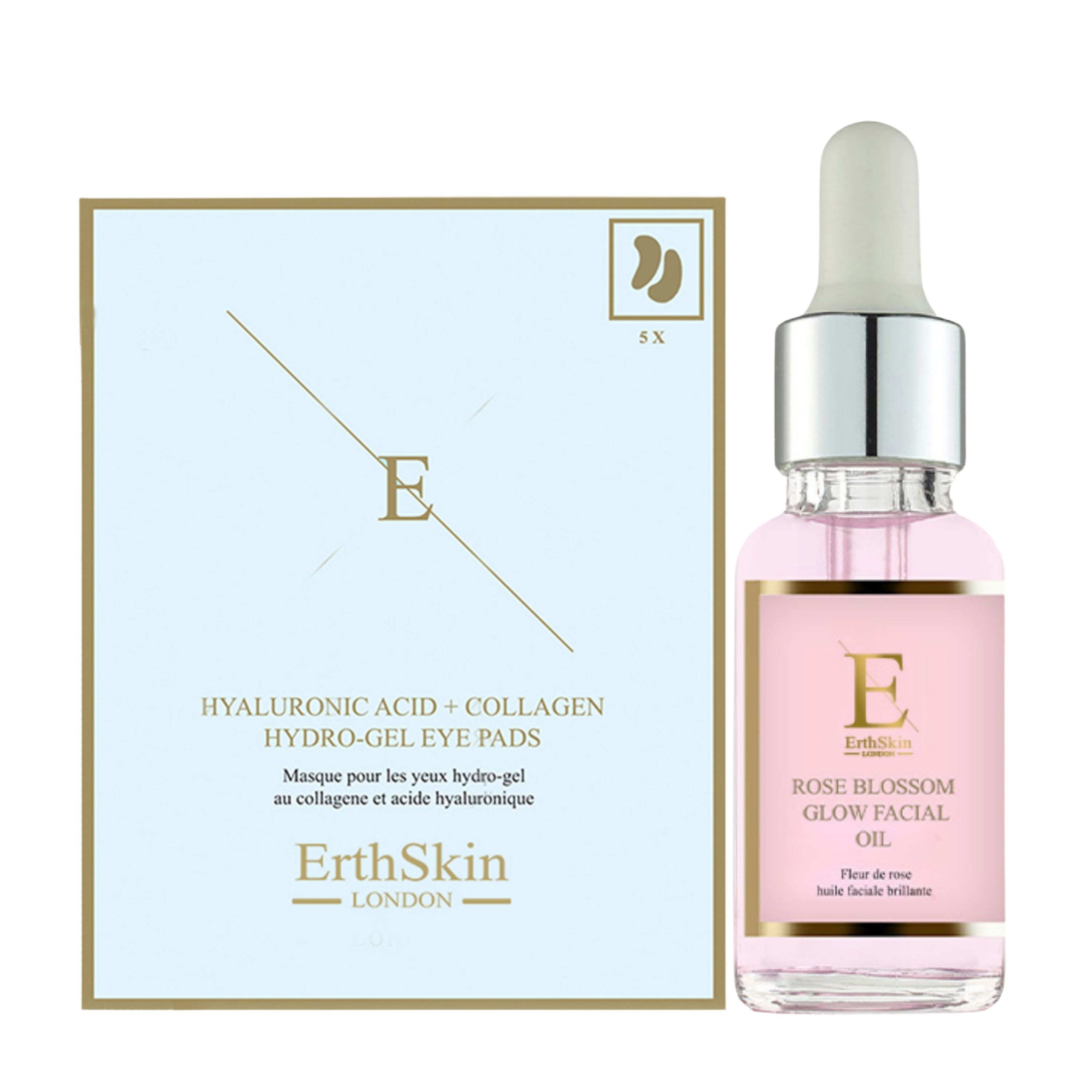 Erth Skin London Glow Revival Set: Rose Oil 30ml Hyaluronic acid Collagen Eye Pads