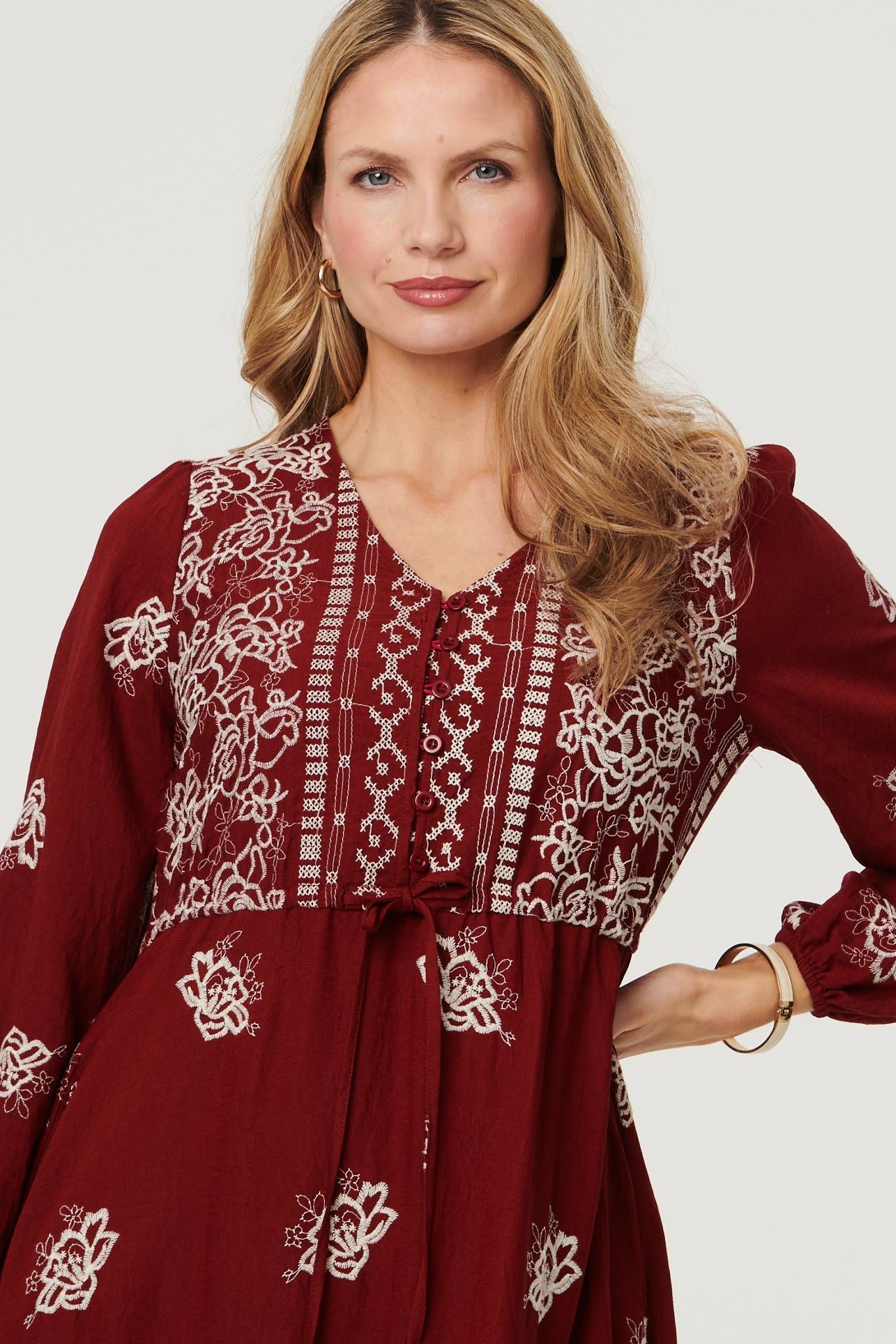 Izabel London Embroidered Long Sleeve Midi Dress