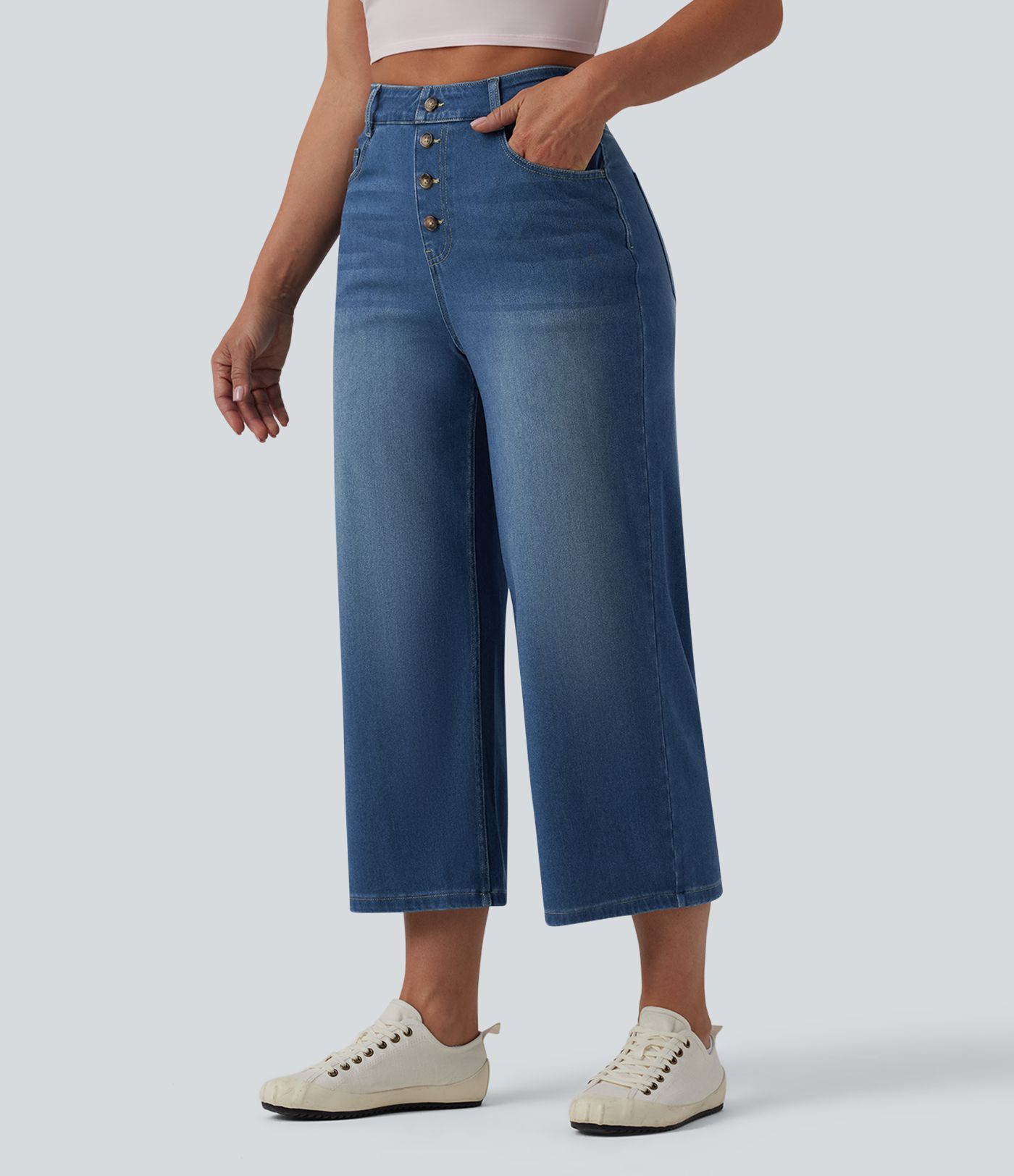Halara Flex™ Jean large casual raccourci taille haute en lyocell drapé, avec poches