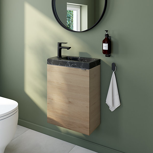 Meuble lave-mains à poser effet chêne l.44 cm Imandra   plan vasque effet marbre noir, GoodHome