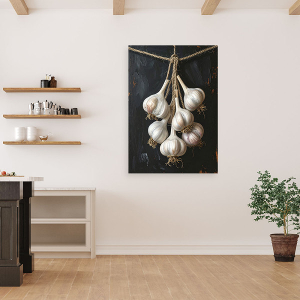 Obraz do kuchni restauracji baru jadalni, Wiszący czosnek warzywa 20x30