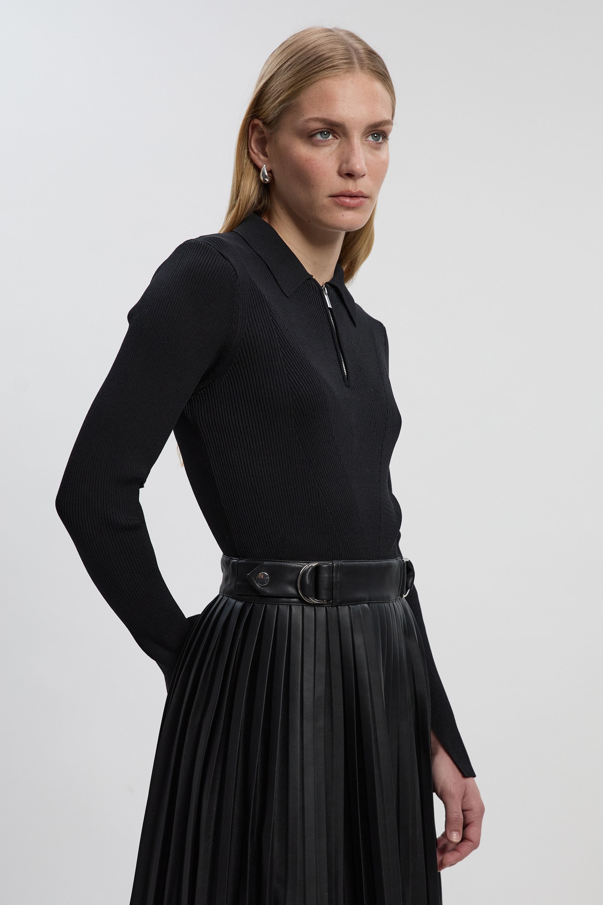 KarenMillen Petite Knitted Zip Neck Pu Mix Pleated Midi Dress