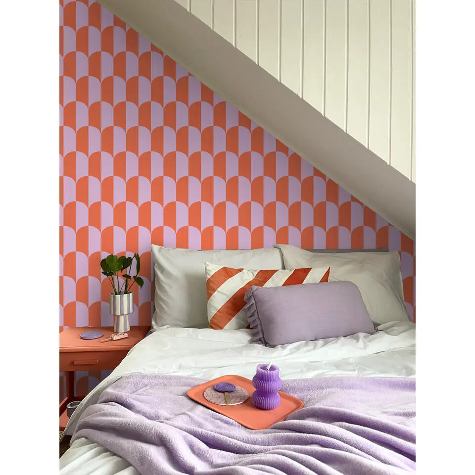 ESTAhome behang art deco bogen lila paars en oranje - 53 cm x 10.05 m
