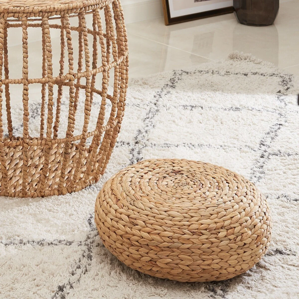Ludmila Natural Water Hyacinth Woven Tatami Floor Cushion - Natural Brown