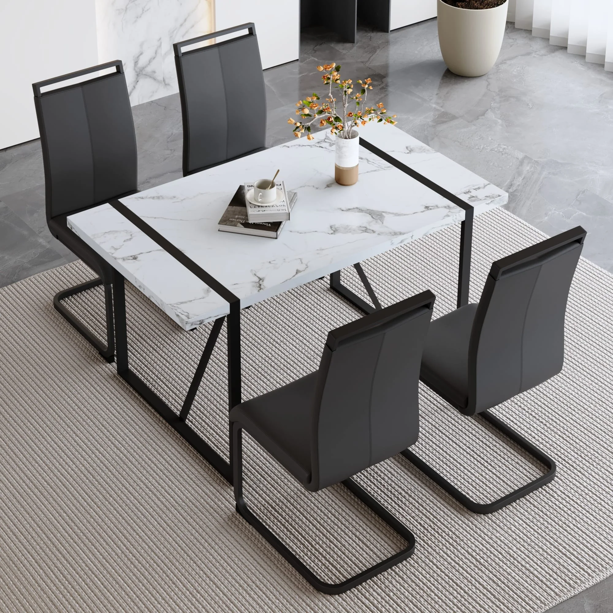 Modern Style Dining Set with Rectangular Table and C-tube Black Metal Legs Dining Chairs