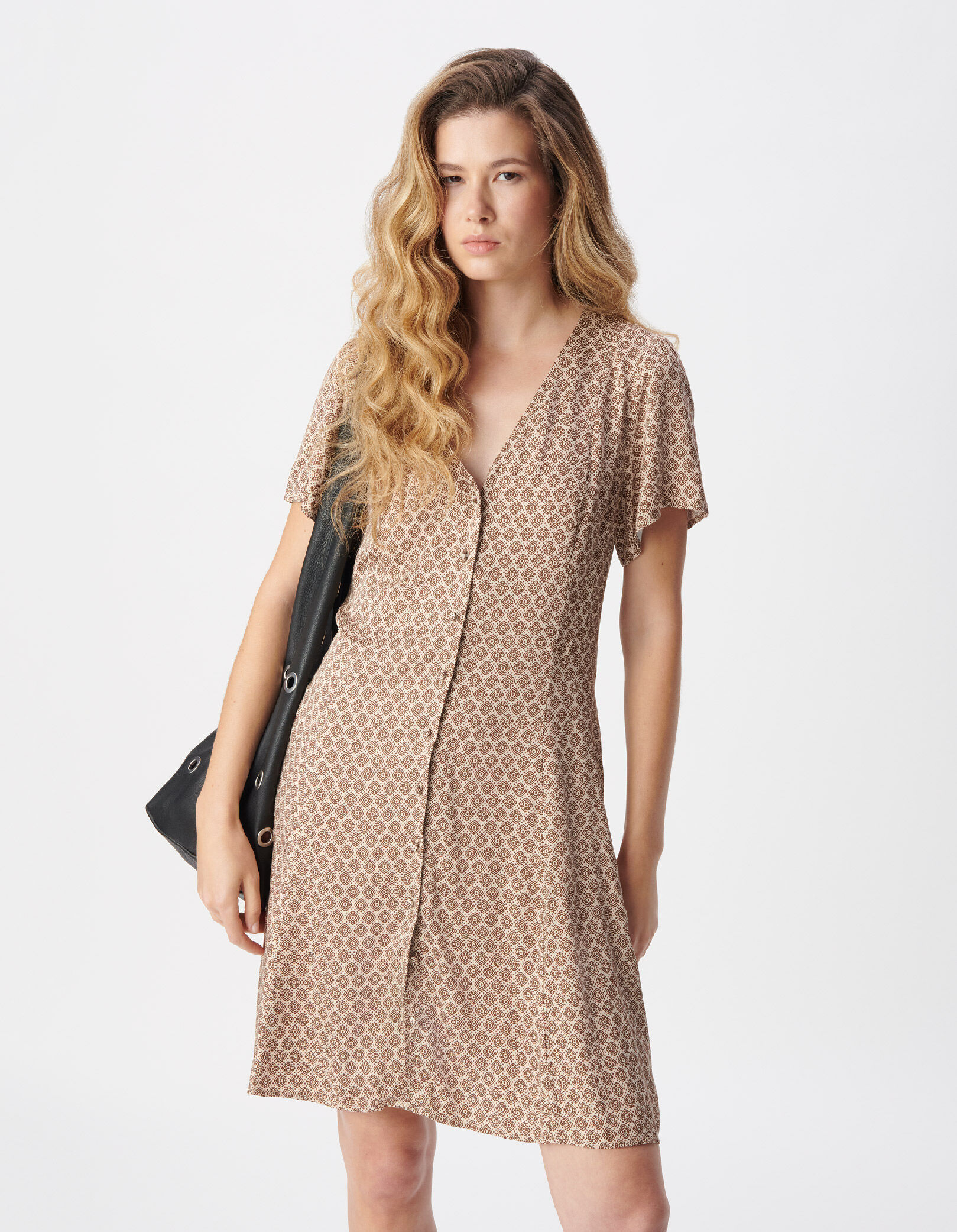 Robe courte imprimé cravate marron Femme