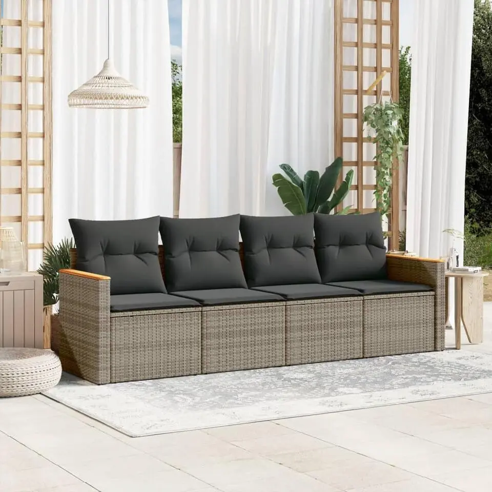 vidaXL 4-zits Loungebank met kussens - Grijs - Poly rattan -234x62x69 cm