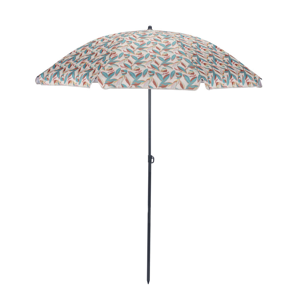 Parasol rond centré inclinable Sun motif feuillage UPF30  Ø160xH195cm
