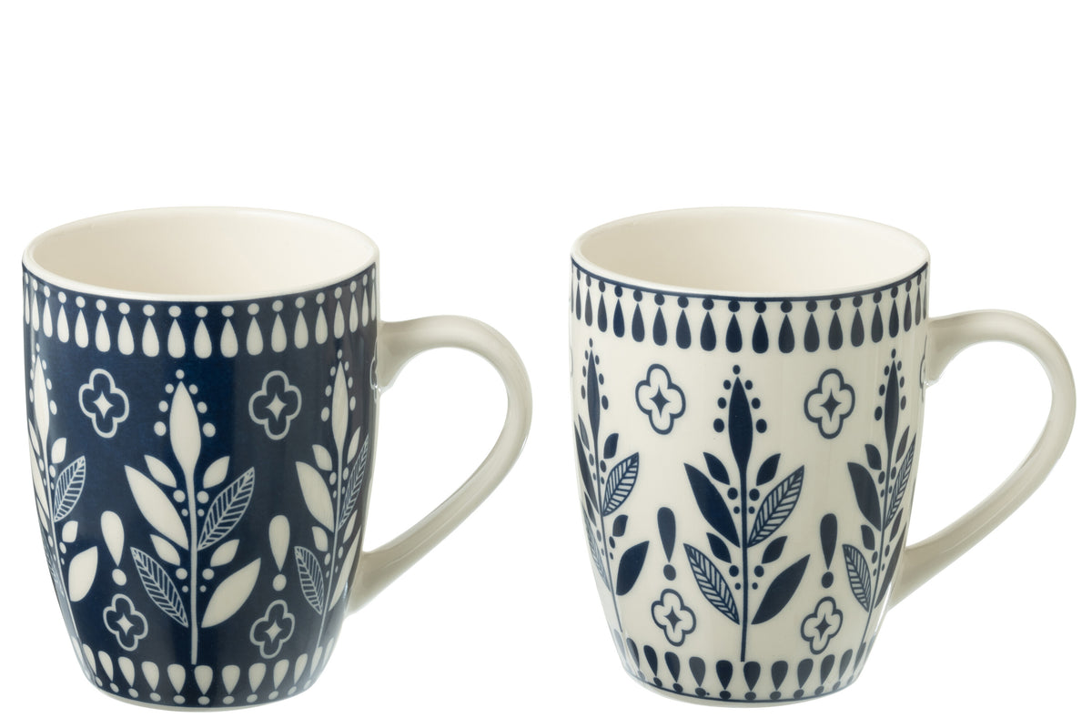 J-Line mok Bladeren - keramiek - blauw/wit - doos van 2