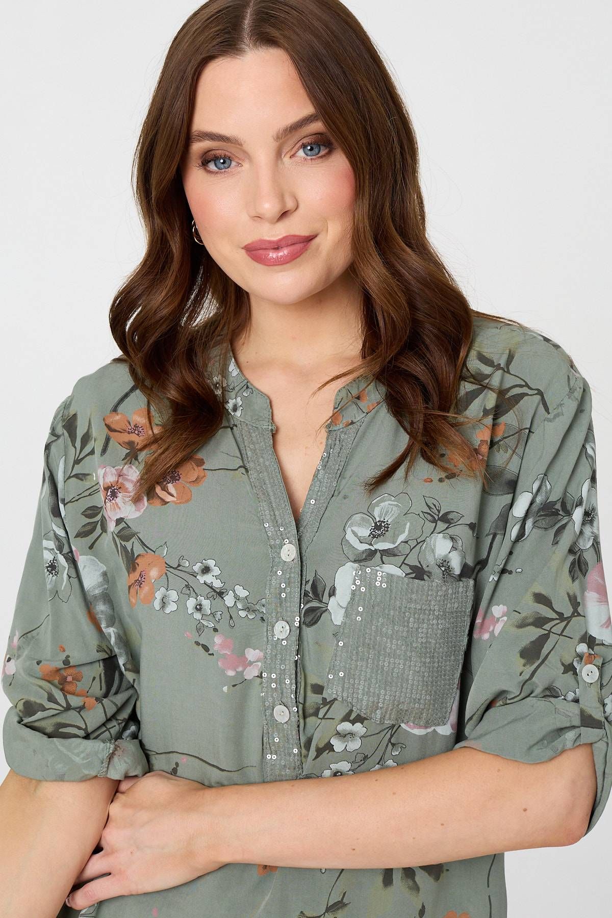 Izabel London Sequin Trim V-Neck Relaxed Blouse