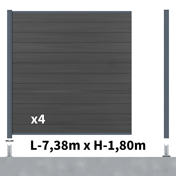 Kit Clôture Composite CRUZ Ardoise 7,5x1,8m - Bois composite &Aluminium - Poteaux sur Platines Gris - Brise vue - Palissade