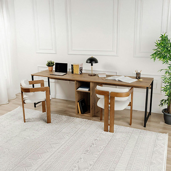 Bureau double avec rangement central plateau effet pin MARFA