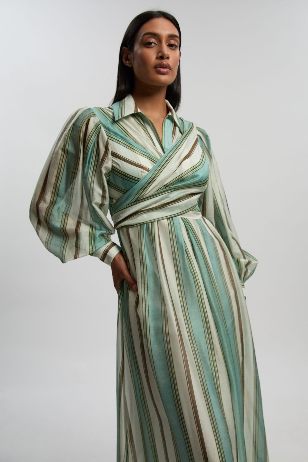 KarenMillen Stripe Slub Organdie Drama Sleeve Woven Wrap Detail Shirt Dress