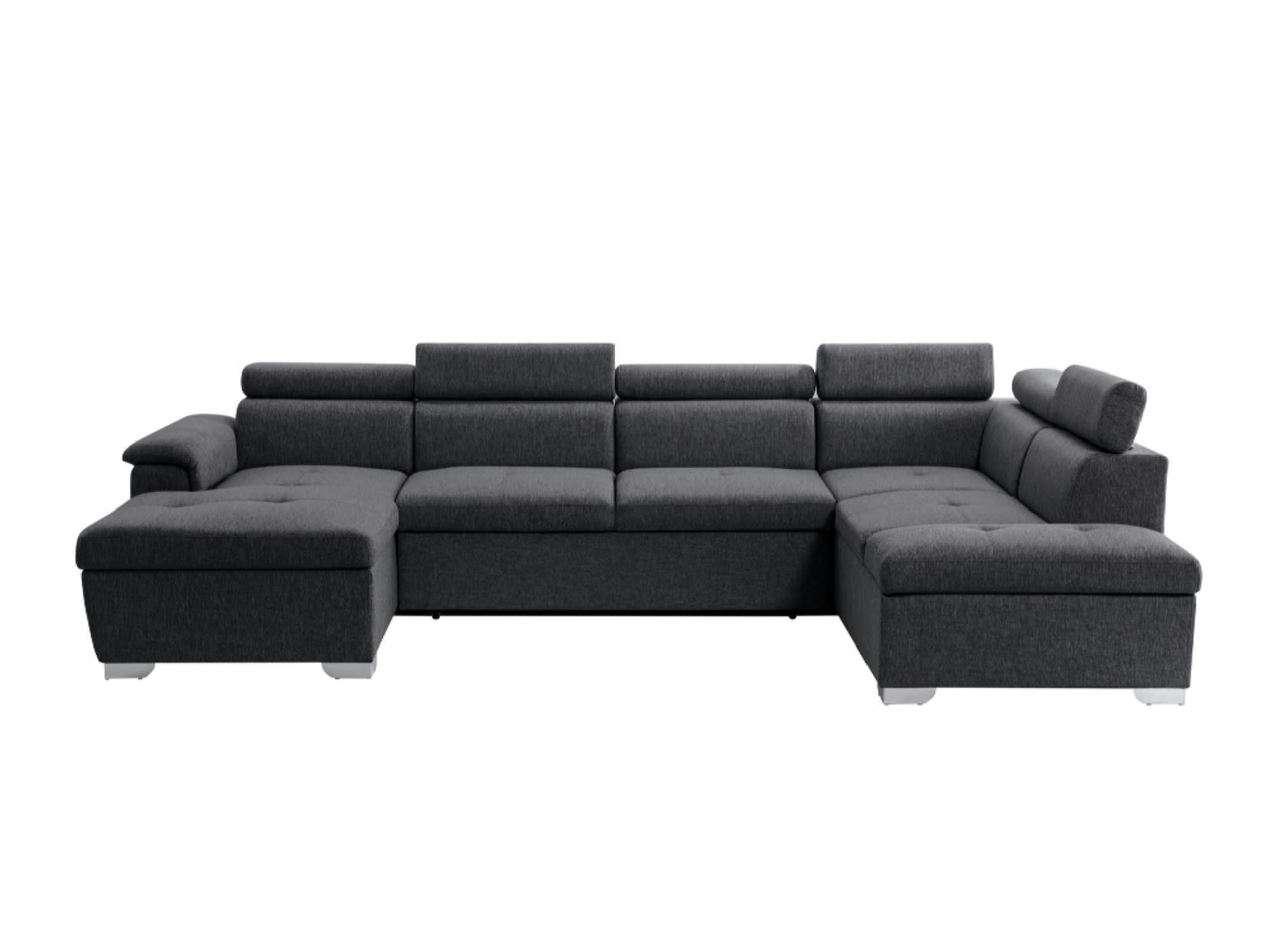 PAOLA - Canapé panoramique convertible avec coffre en tissu gris foncé