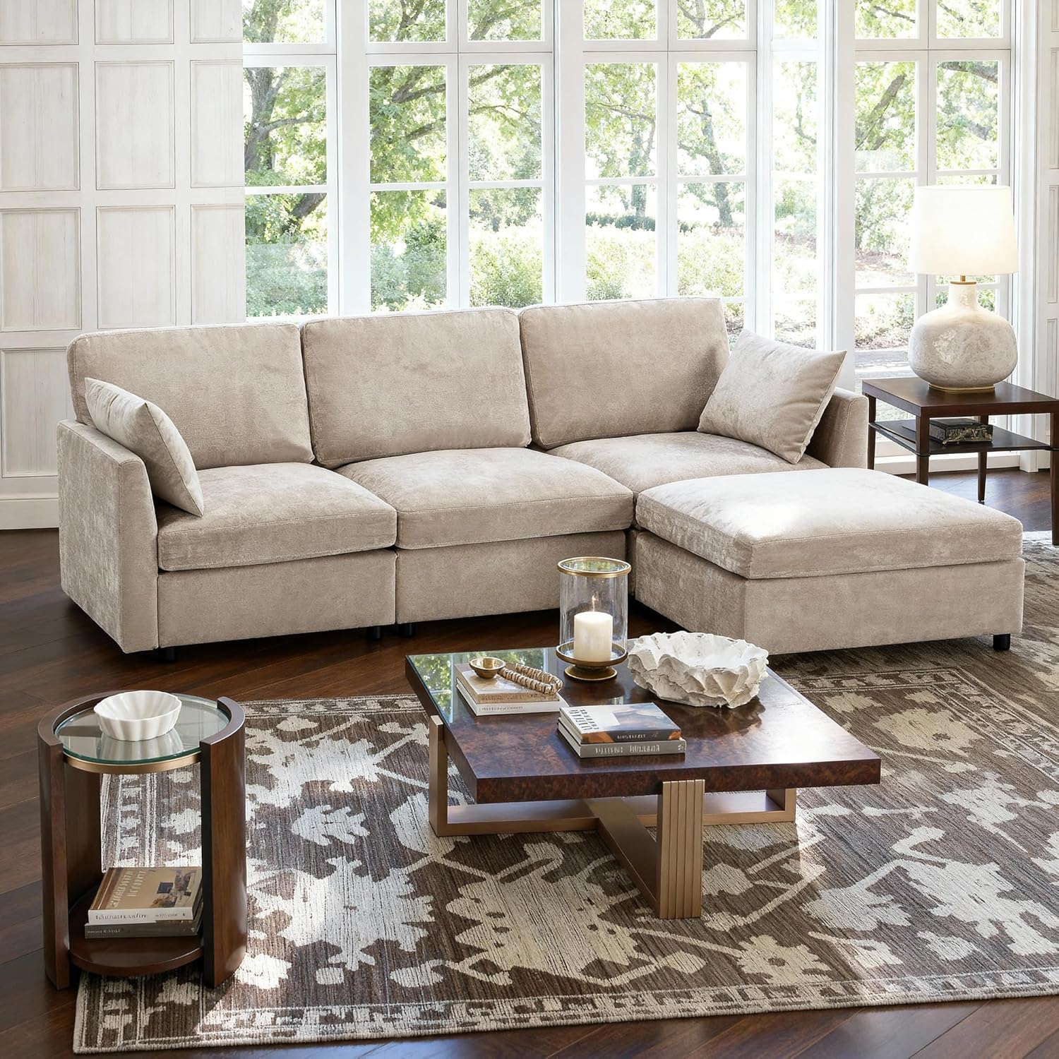 Sectional Cloud Couch for Living Room, Spring Cushion Seating, L Shaped Convertible Modular Sofa with Ottoman, Khaki | Convertible, Balanced Comfort, Soft-Strong Chenille, Apartment-Friendly
