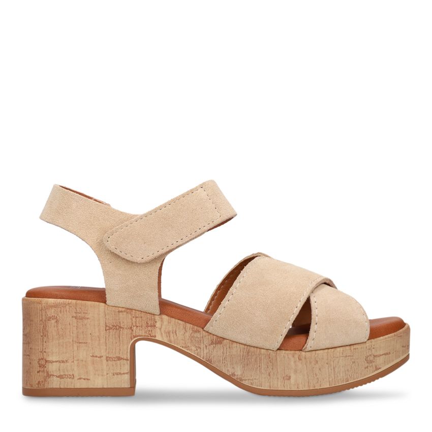 Manfield Beige suède sandalen met blokhak