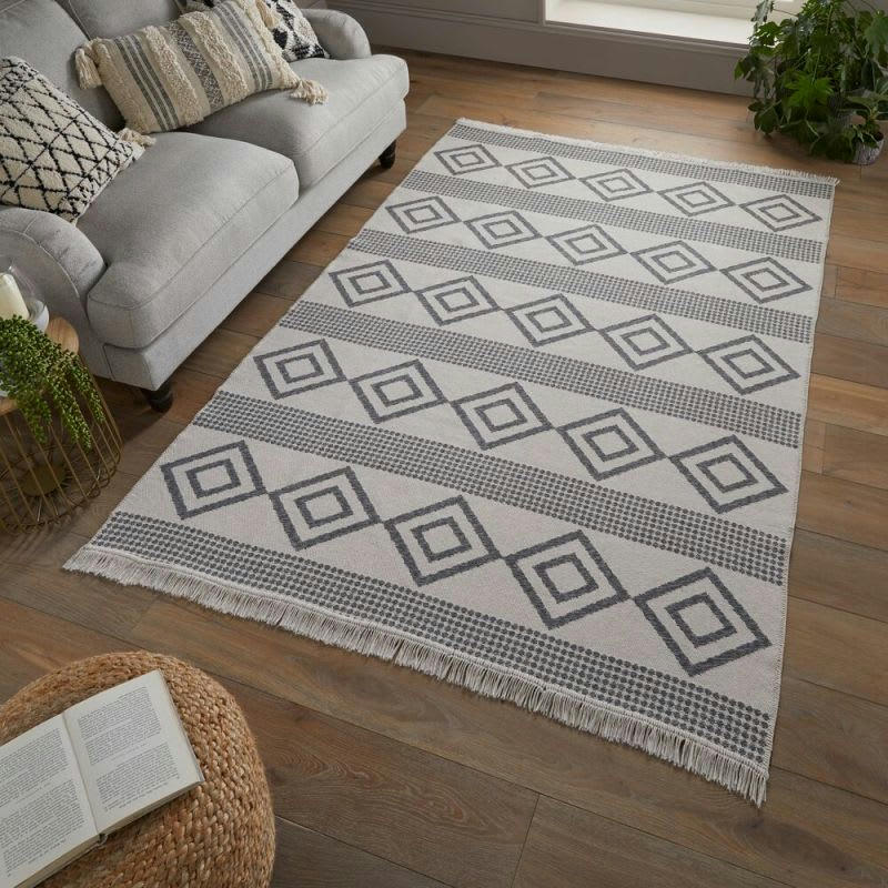 TEO - Tapis en coton recyclé blanc et gris 80 x 150