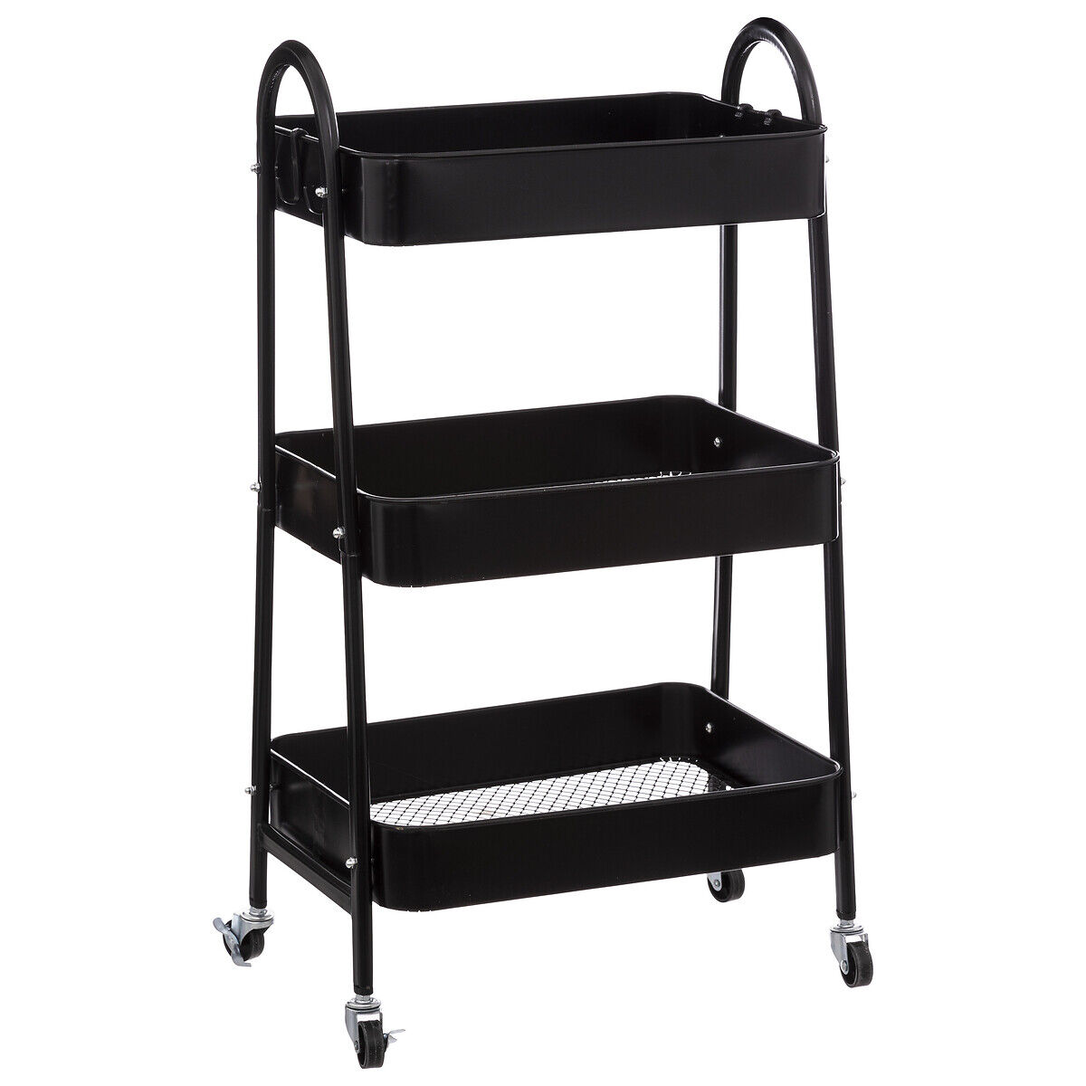 Trolley de cozinha preto em metal com 3 prateleiras