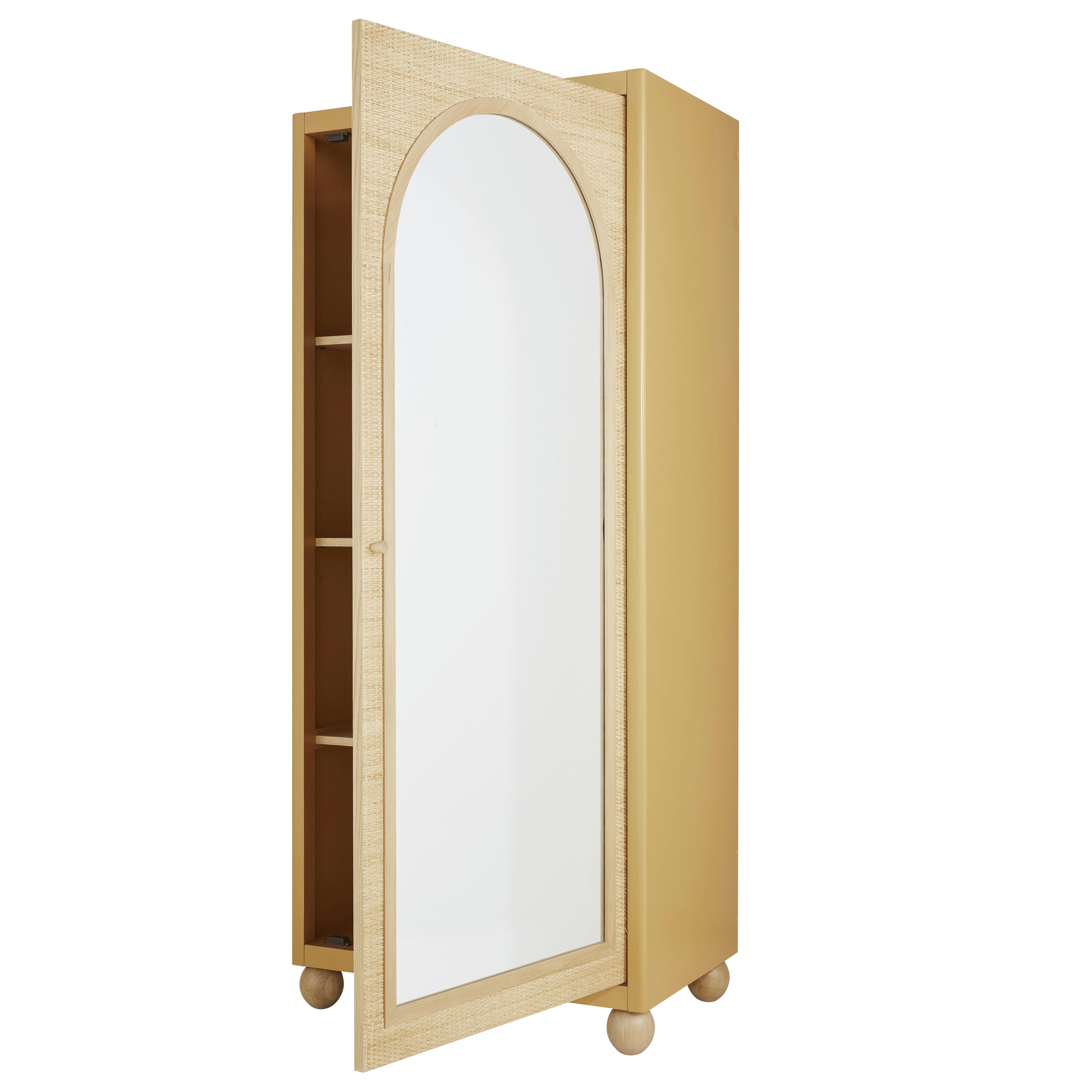 DABALI - Armoire bonnetière 1 porte ocre, miroir et rotin tressé