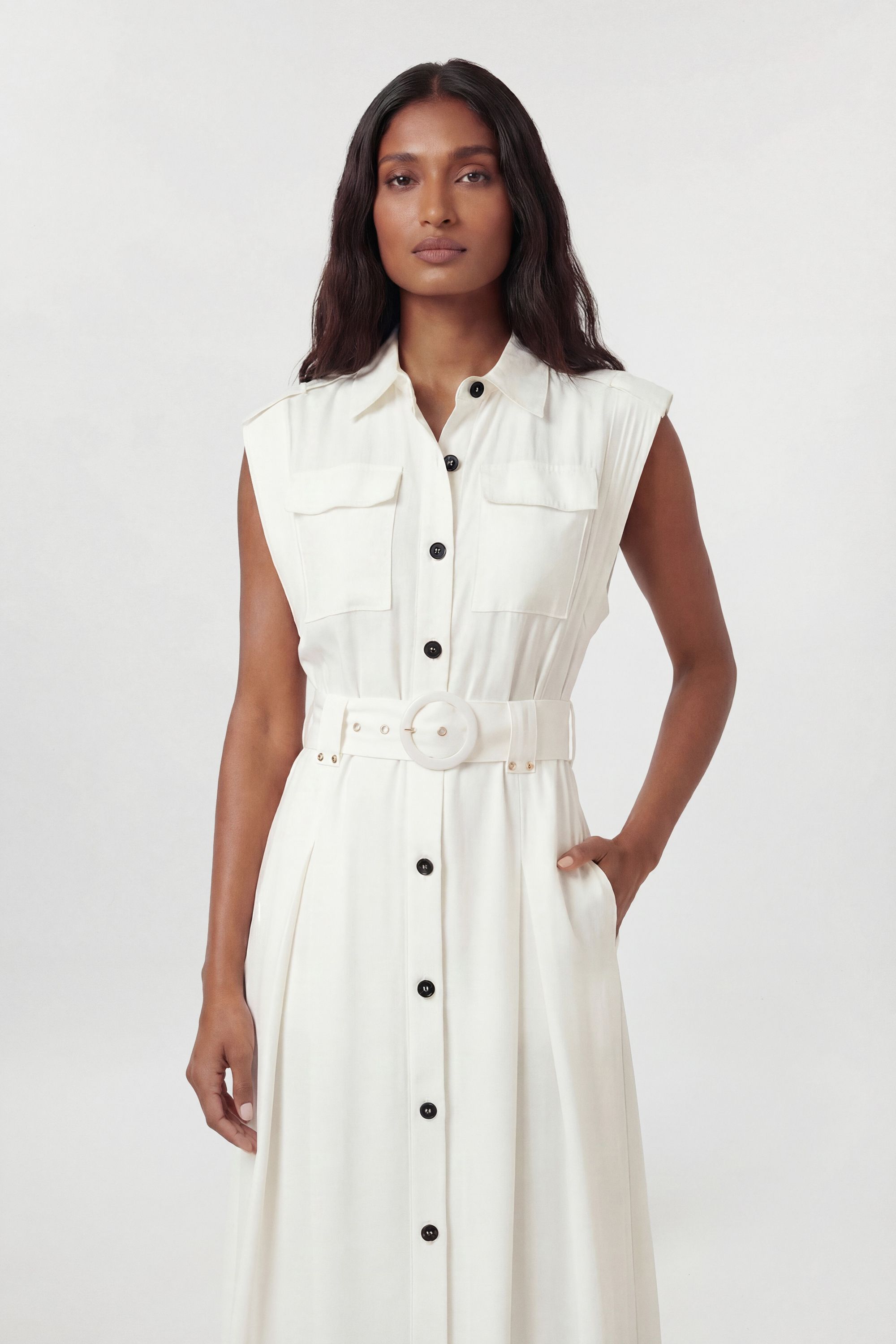 KarenMillen Premium Viscose Linen Belted Woven Maxi Dress With Gold Hardware Detail