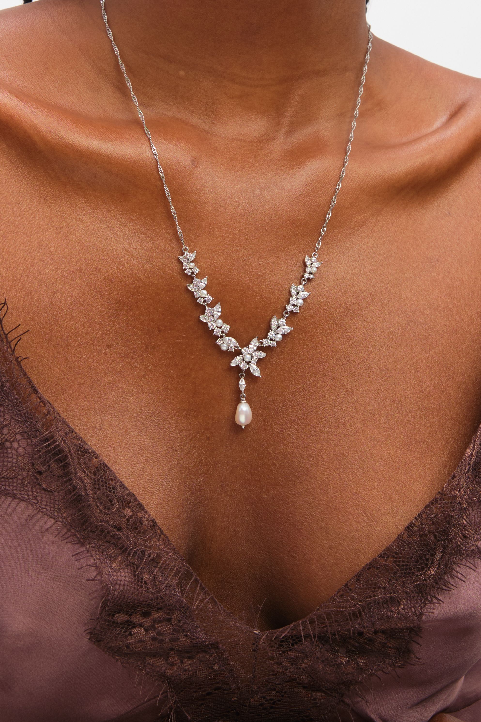 Jon Richard Rhodium Plated Crystal and Freshweater Pearl Y-Drop Necklace